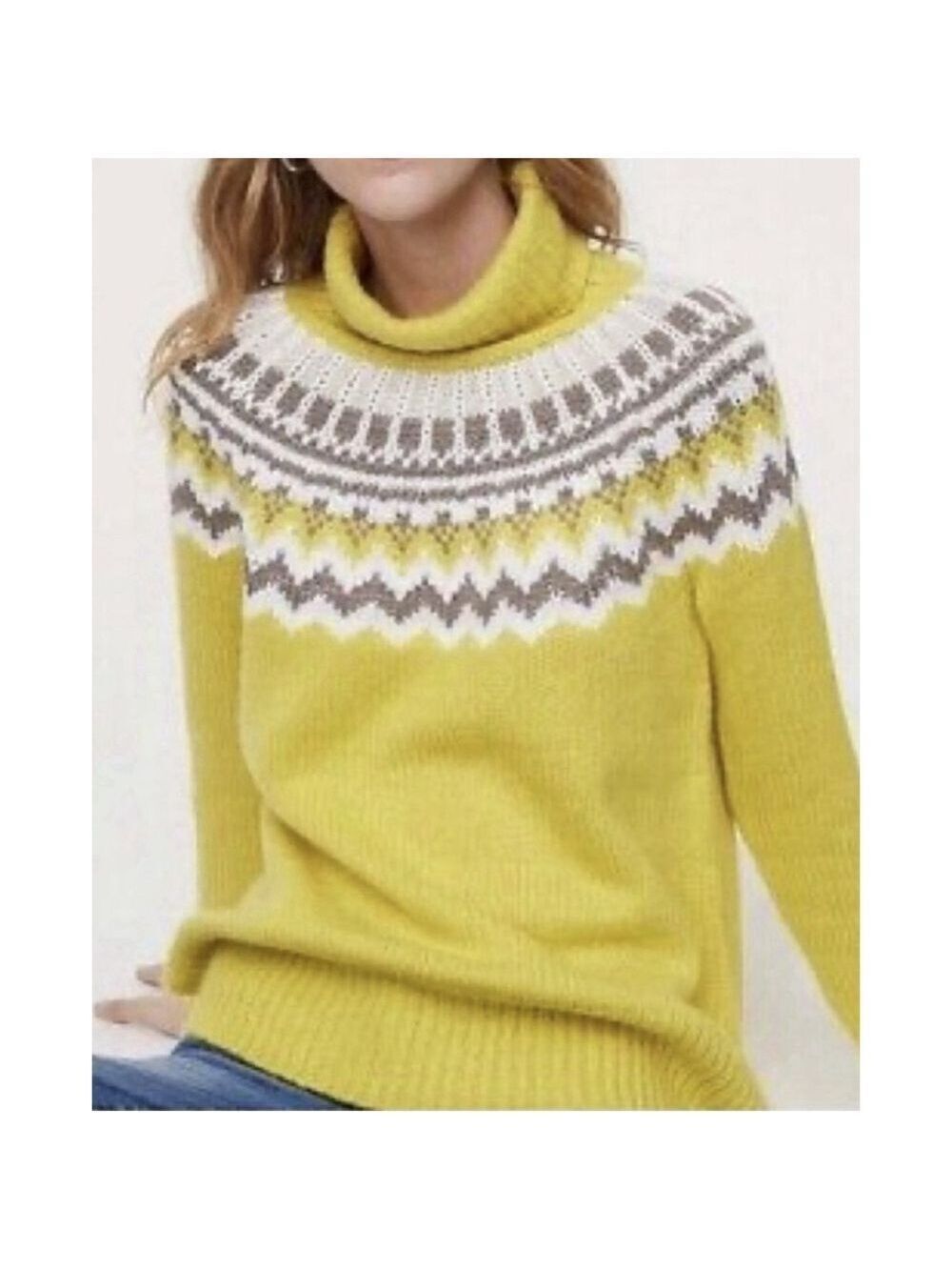 LOFT Fair Isle Print Turtleneck Knit Mohair Wool Blend Sweater MED Yellow Preppy